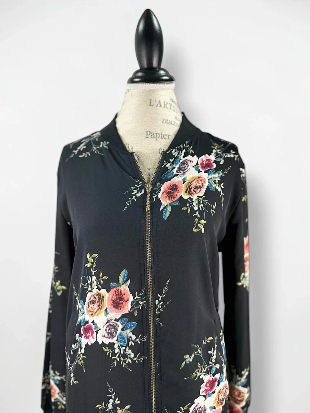 Black Floral Bomber Jacket Semi Sheer Lightweight Zip Up Coat - Picture 7 of 13